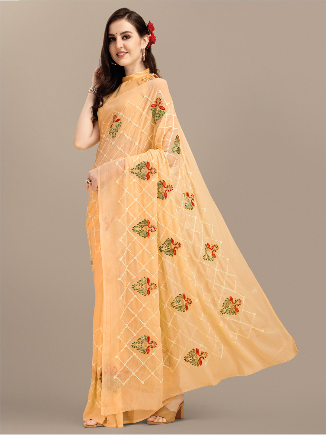 

Sangria Women Floral Embroidered Georgette Saree, Beige