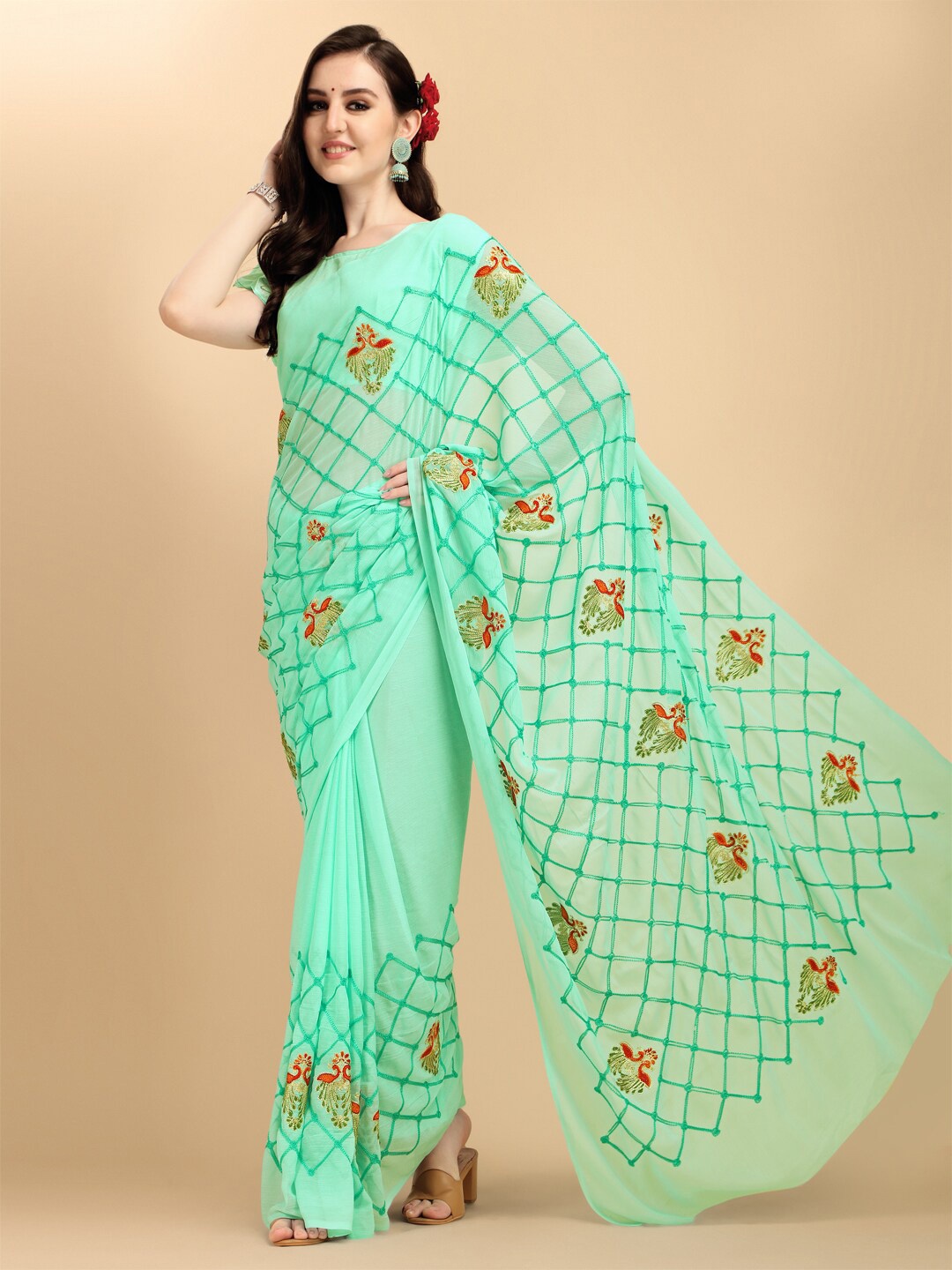 

Sangria Blue & Red Floral Embroidered Georgette Saree