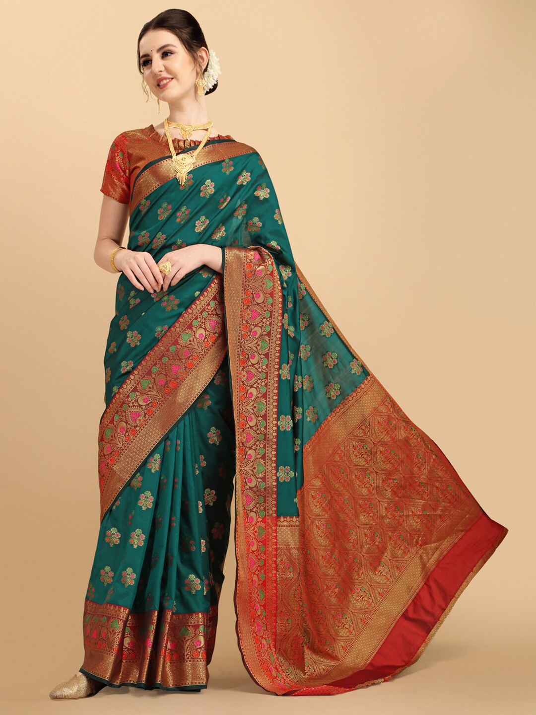 

Sangria Women Woven Design Embellished Zari Silk Blend Banarasi Saree, Green