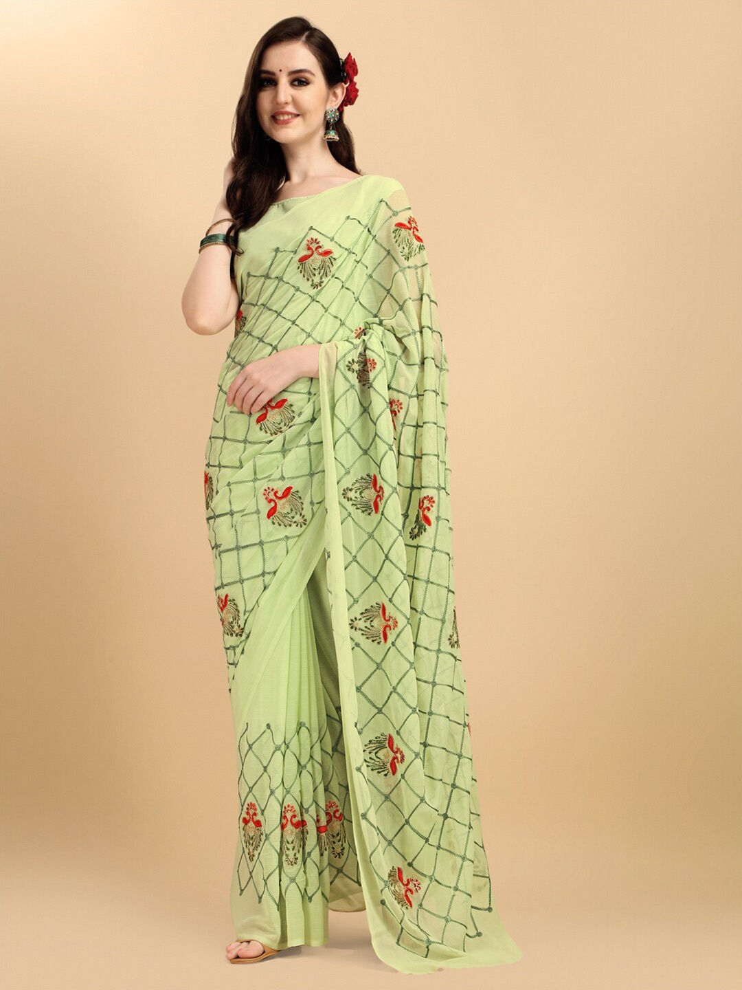 

Sangria Women Green & Red Floral Embroidered Georgette Saree, Lime green