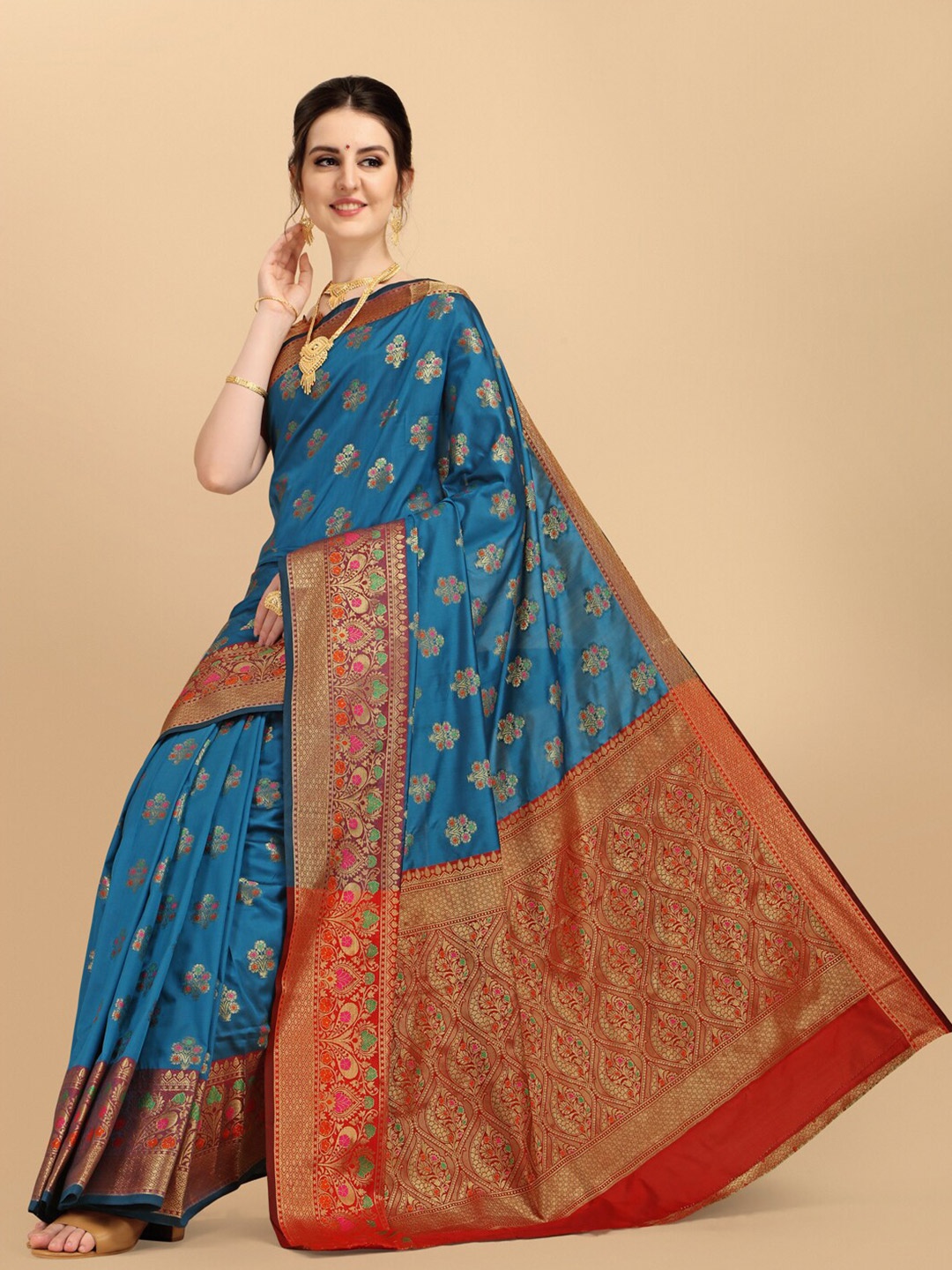 

Sangria Blue & Red Ethnic Motifs Woven Design Silk Blend Banarasi Saree