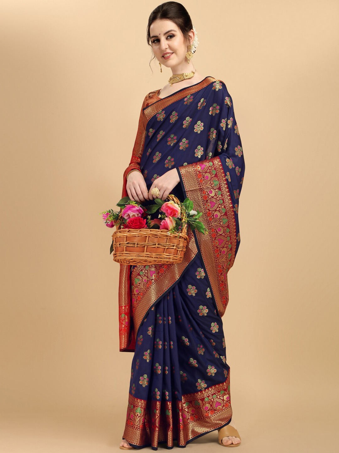 

Sangria Women Navy Blue & Red Woven Design Embellished Zari Silk Blend Banarasi Saree