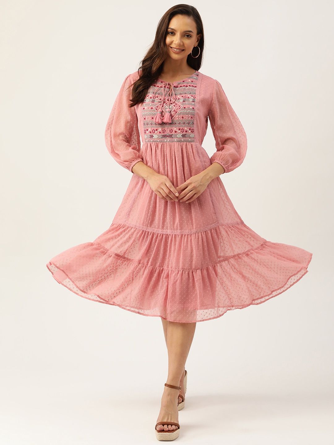 

Antheaa Rose Pink Tie-Up Neck Embroidered Laced Tiered Dress