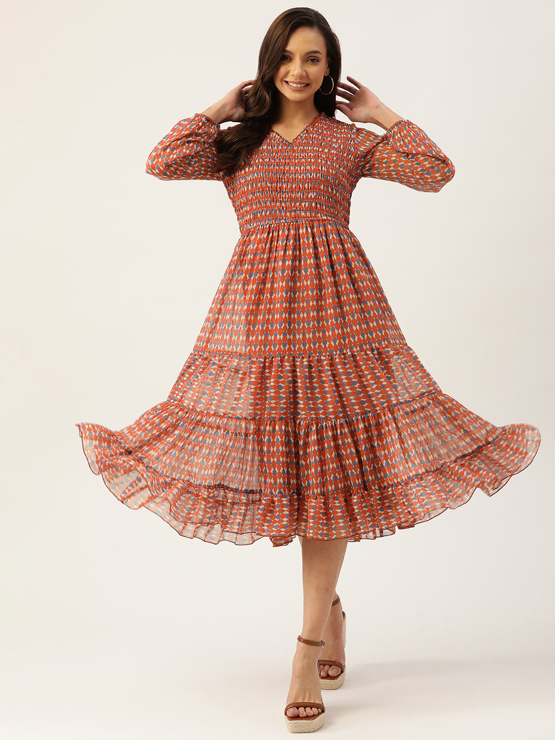 

Antheaa Rust Brown Chiffon Printed Tiered Midi Dress