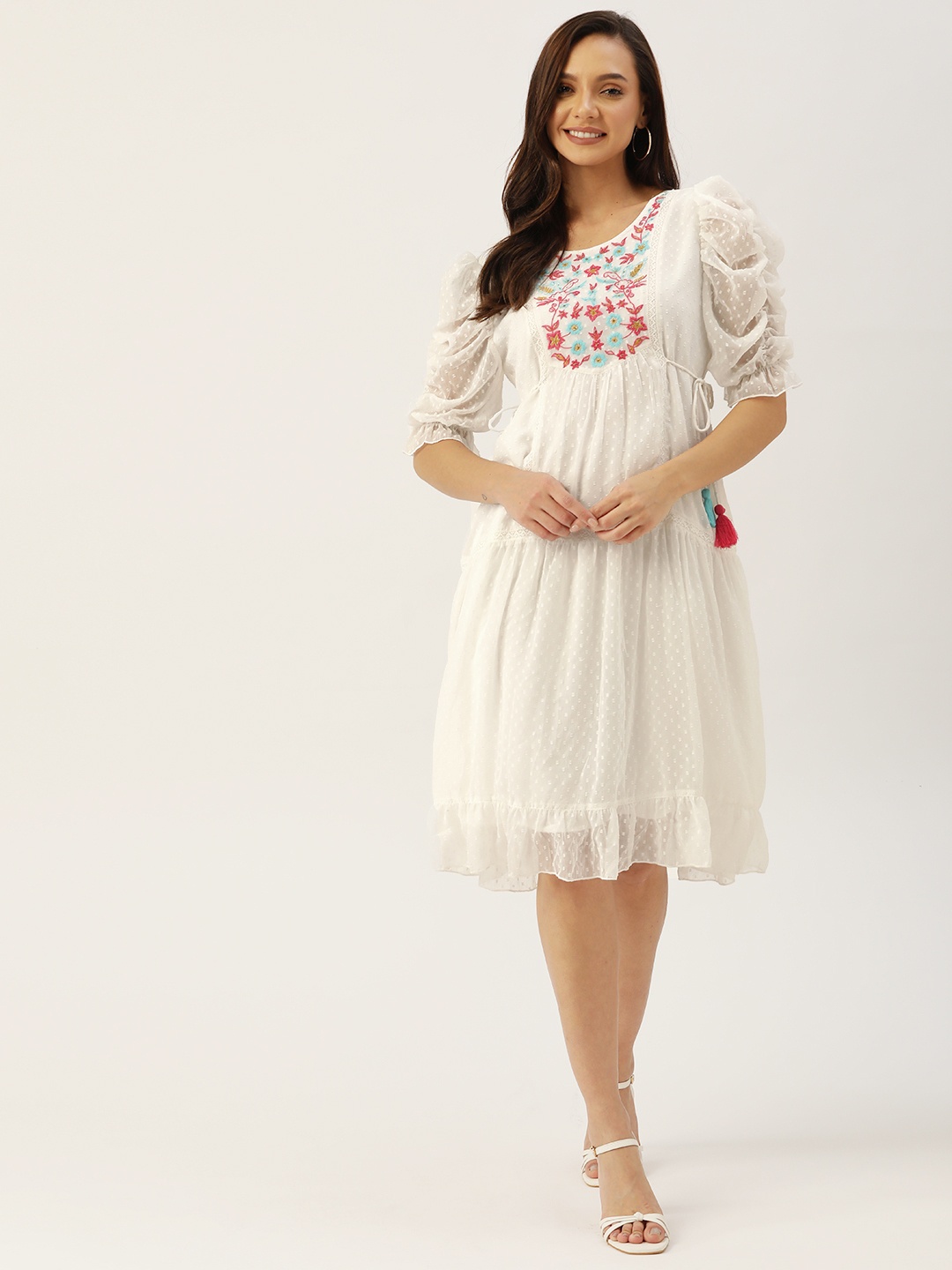 

Antheaa White Floral Chiffon Embroidered Laced A-Line Dress