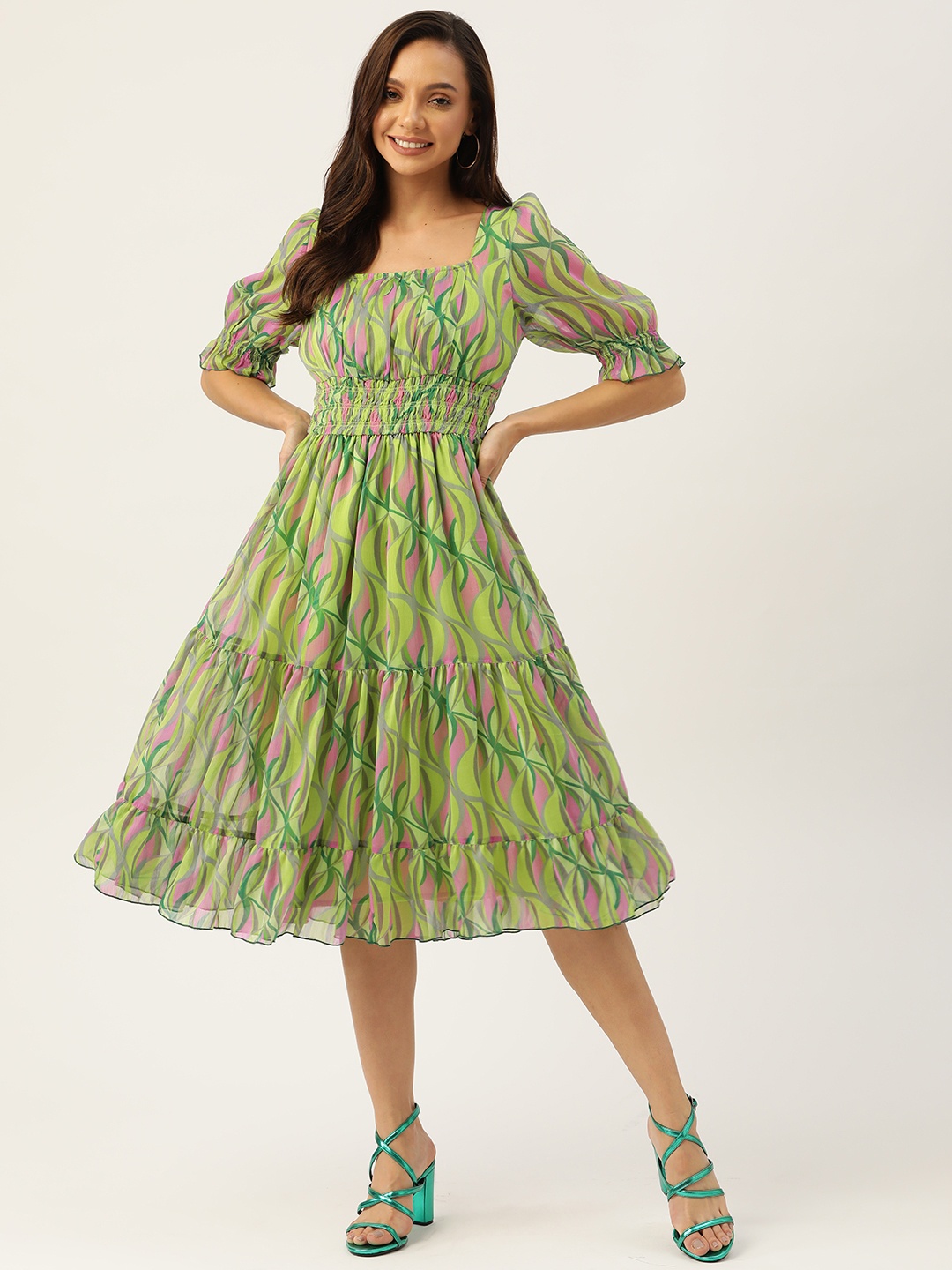 

Antheaa Green & Pink Chiffon Geometric Print Tiered Dress