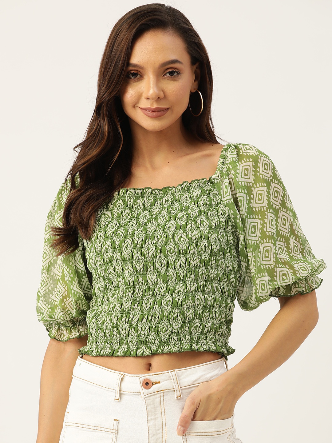 

Antheaa Green & White Floral Print Smocked Chiffon Crop Top