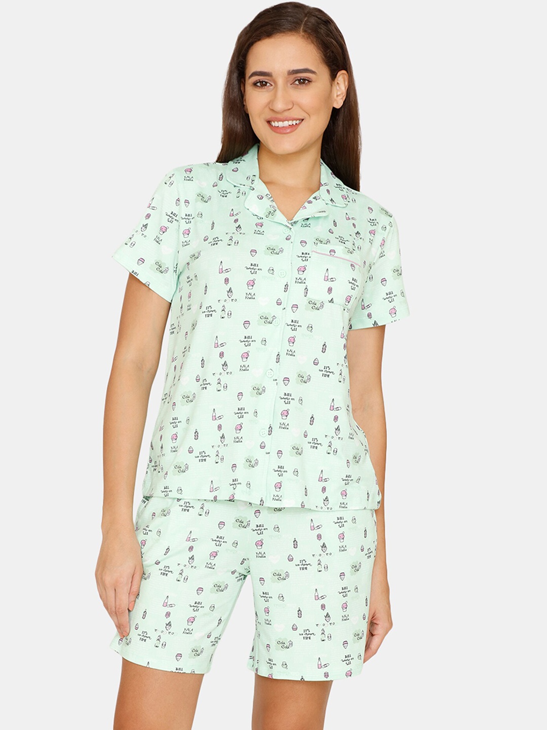 

Zivame Women Green & Pink Printed Night suit