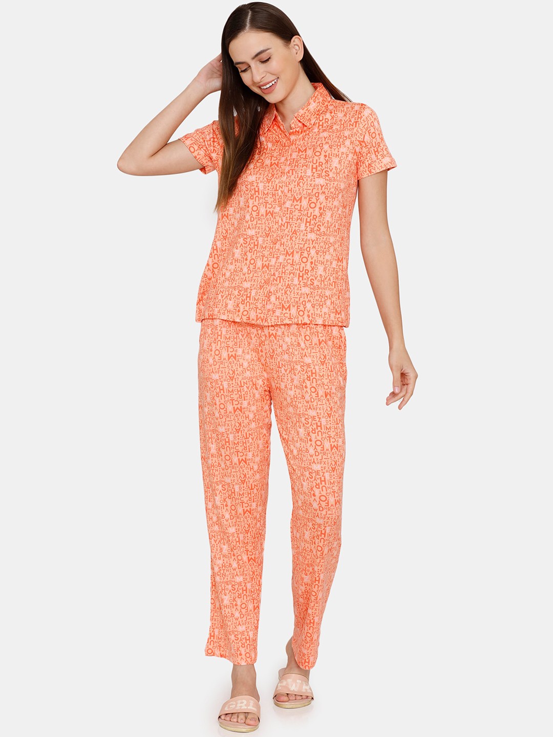 

Zivame Women Orange & White Printed Night suit