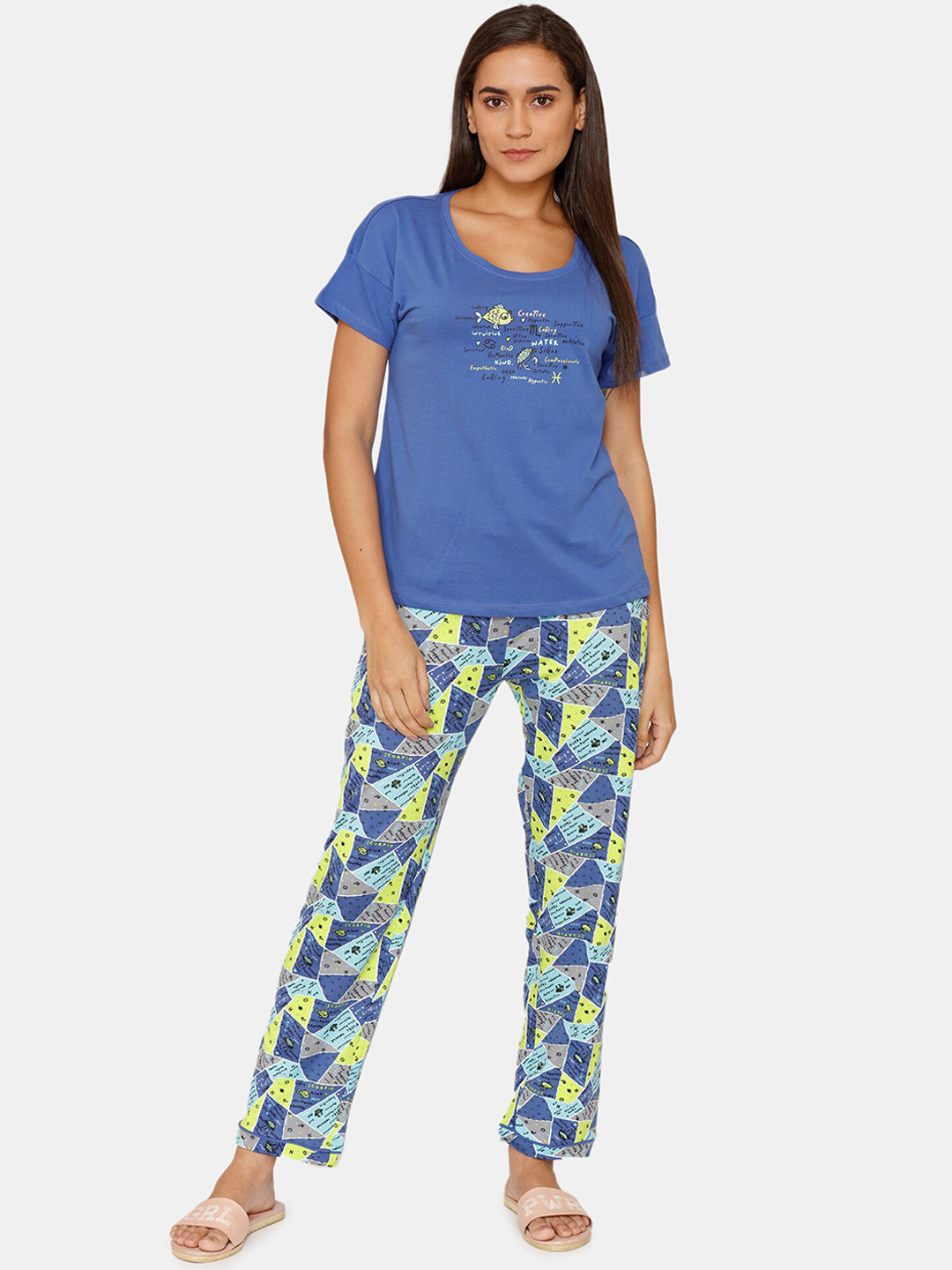 

Zivame Women Blue & Yellow Night suit