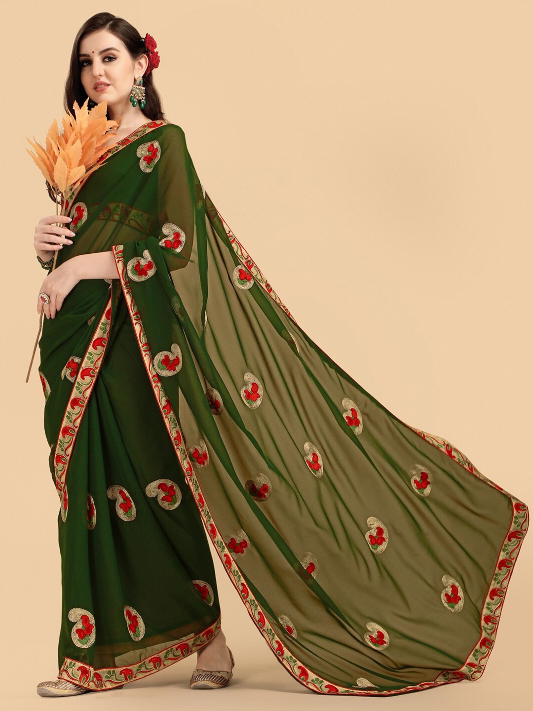 

KALINI Women Embroidered Georgette Saree, Green
