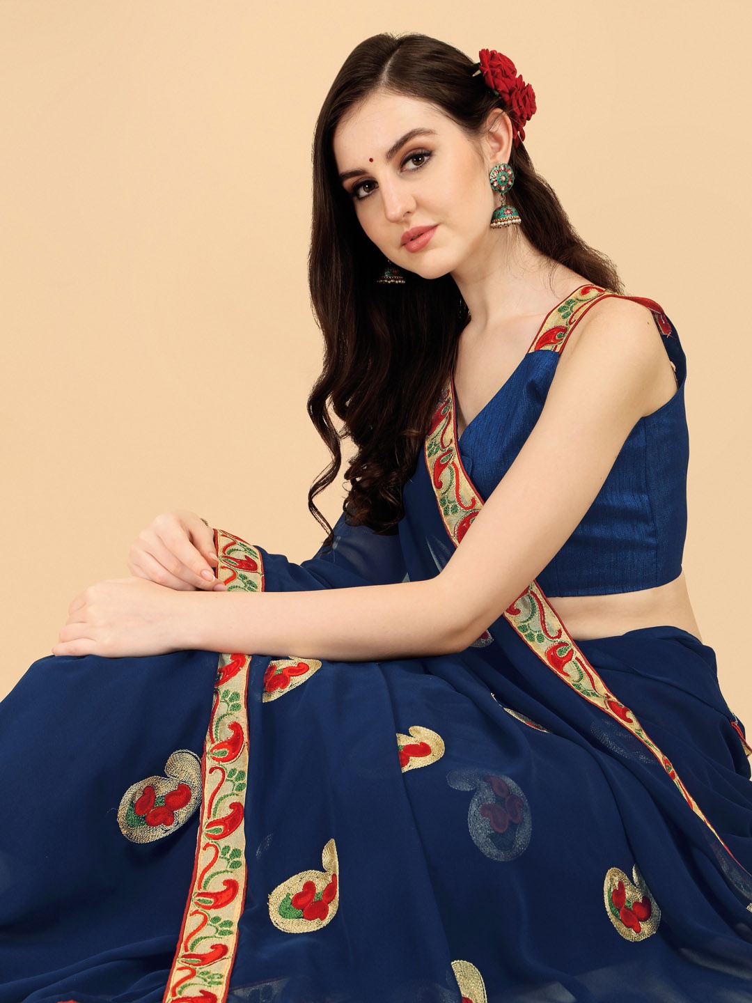 

KALINI Women Navy Blue Embroidery Georgette Saree