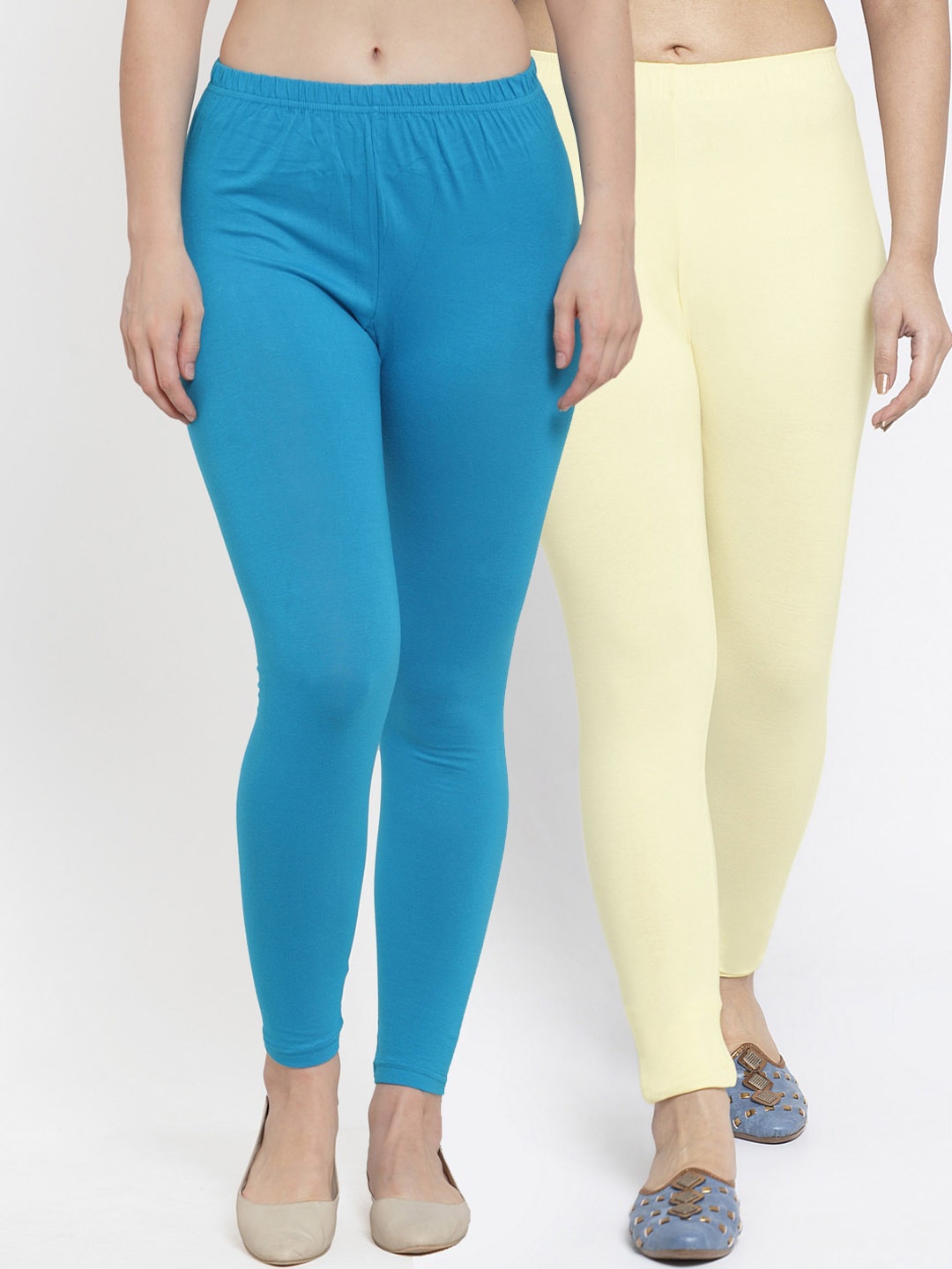 

GRACIT Women Pack Of 2 Blue & Off White Solid Ankle-Length Leggings