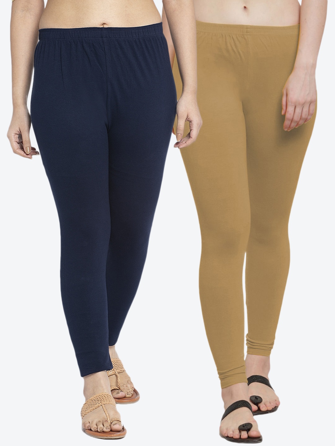 

GRACIT Women Blue & Beige Pack Of 2 Solid Ankle Length Cotton Leggings, Navy blue