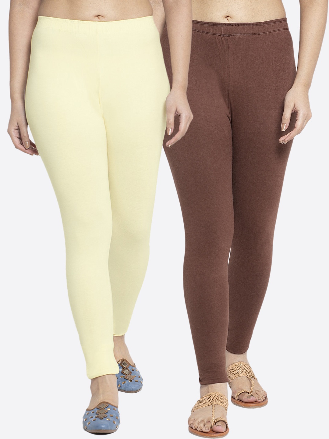 

GRACIT Women Cotton Lycra Solid Ankle-Length Leggings Pack Of 2, Brown