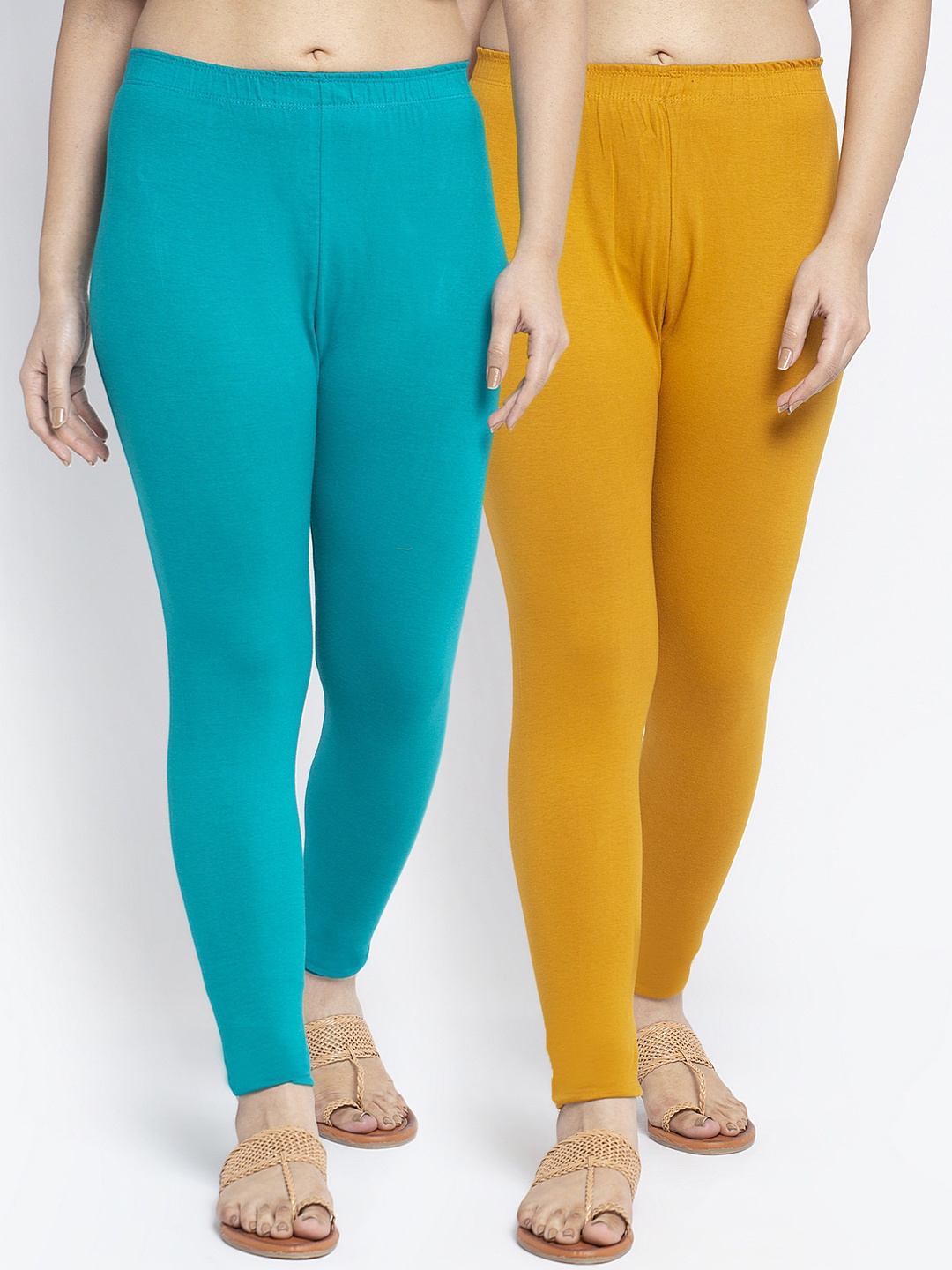 

GRACIT Women Pack of 2 Blue & Yellow Solid Cotton Lycra Leggings