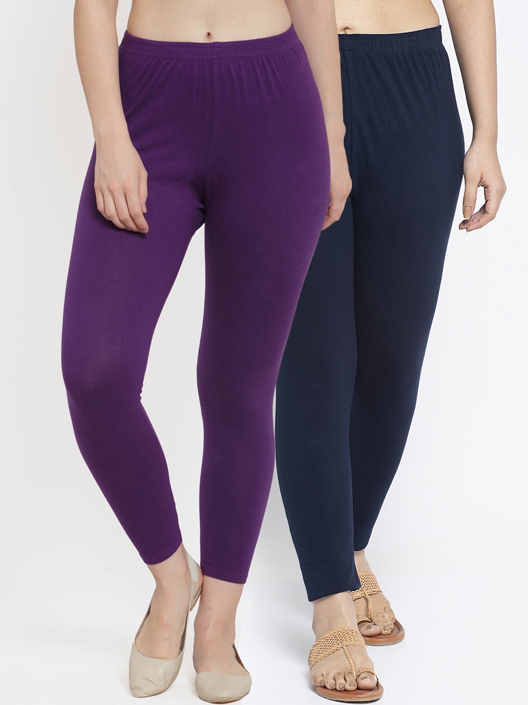 

GRACIT Women Pack Of 2 Purple & Navy Blue Solid Ankle-Length Cotton Leggings