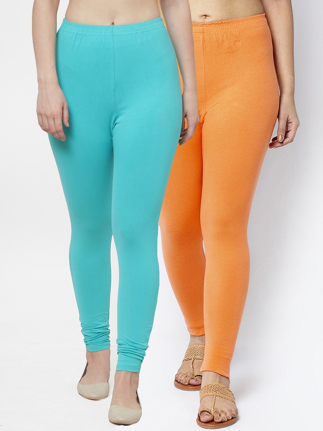 

GRACIT Women Orange & Sea Green Pack Of 2 Solid Ankle-Length Leggings