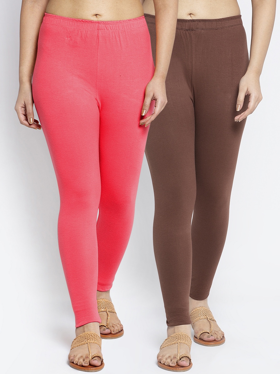 

GRACIT Women Pack Of 2 Brown & Peach Solid Ankle-Length Cotton Leggings