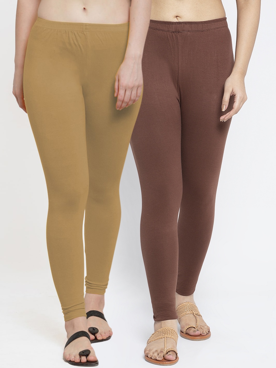 

GRACIT Women Pack of 2 Brown & Beige Solid Ankle Length Leggings