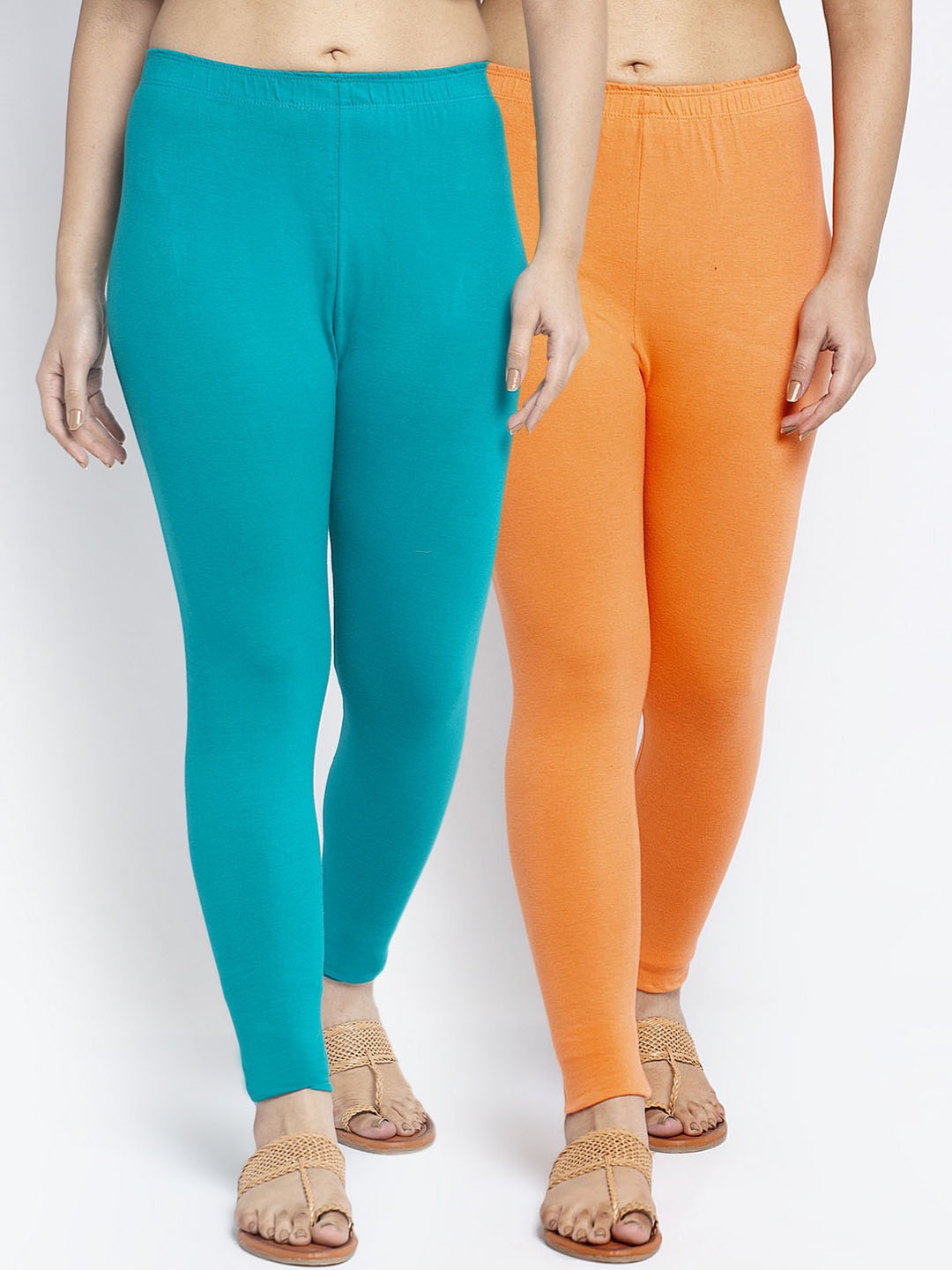 

GRACIT Women Pack Of 2 Orange & Blue Solid Ankle Length Leggings
