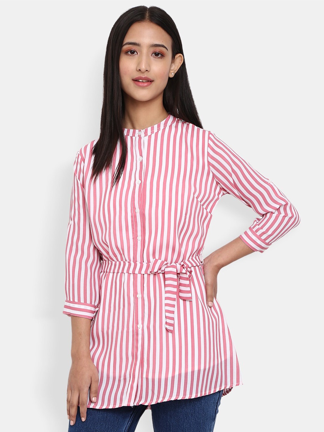 

V-Mart Women Pink Classic Striped Three-Quarter Regular Sleeves Casual Shirt