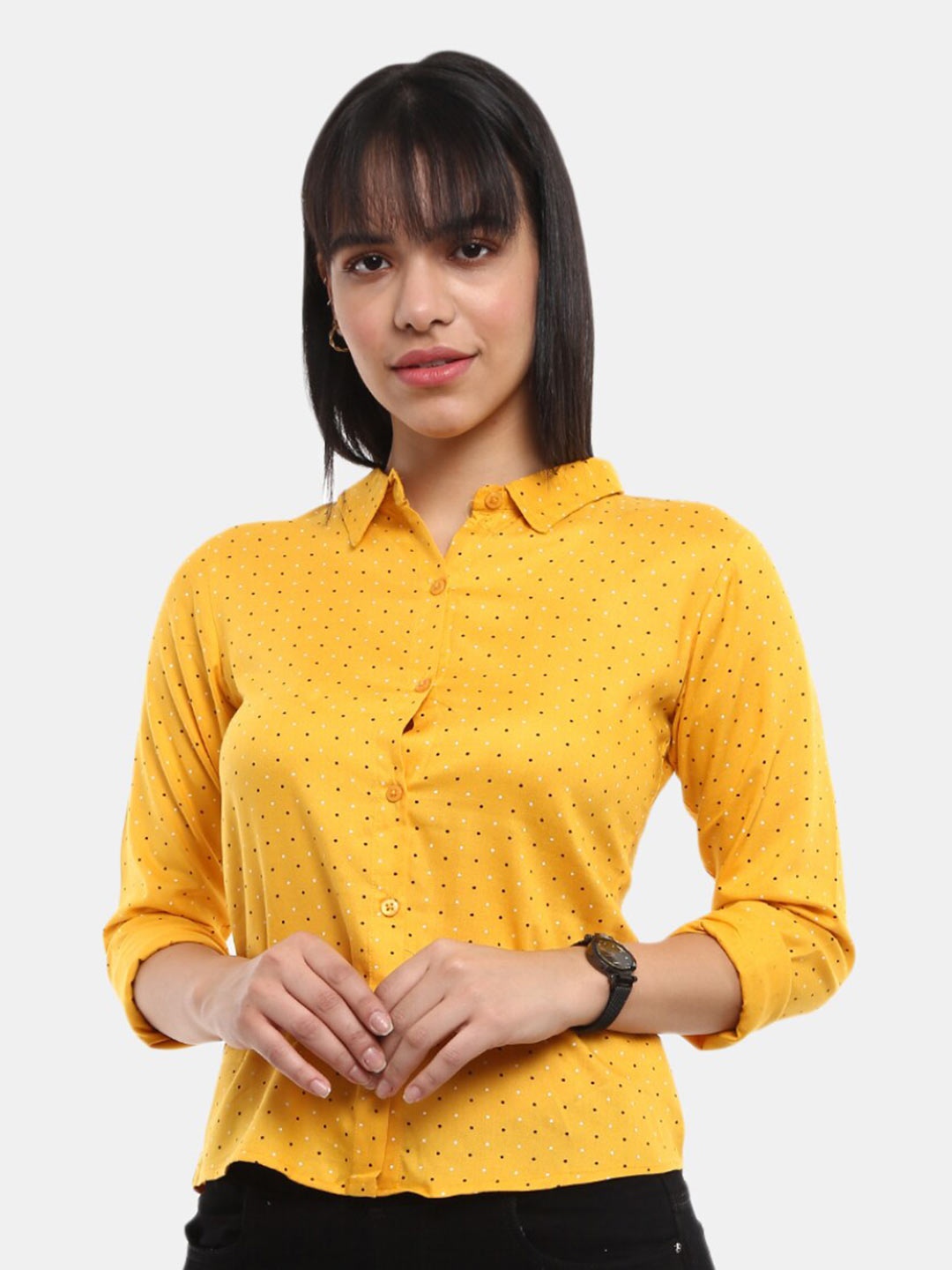 

V-Mart Women Mustard Polka Dot Printed Rayon Spread Collar Casual Shirt