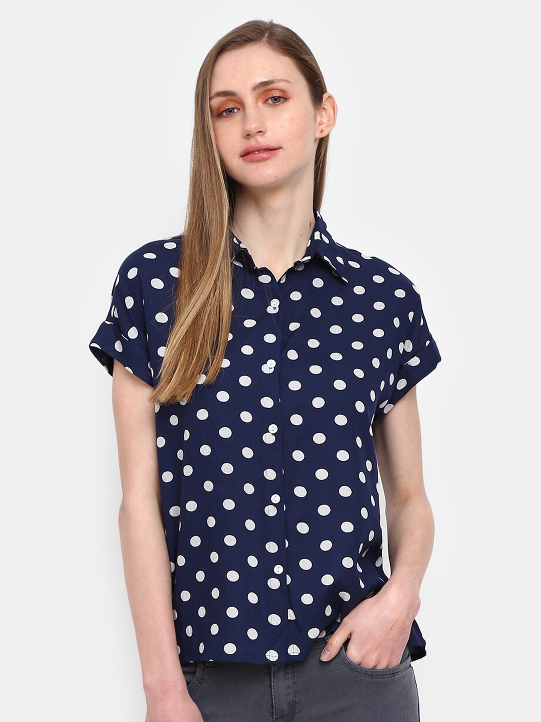 

V-Mart Women Blue Printed Rayon Spread Collar Shirt