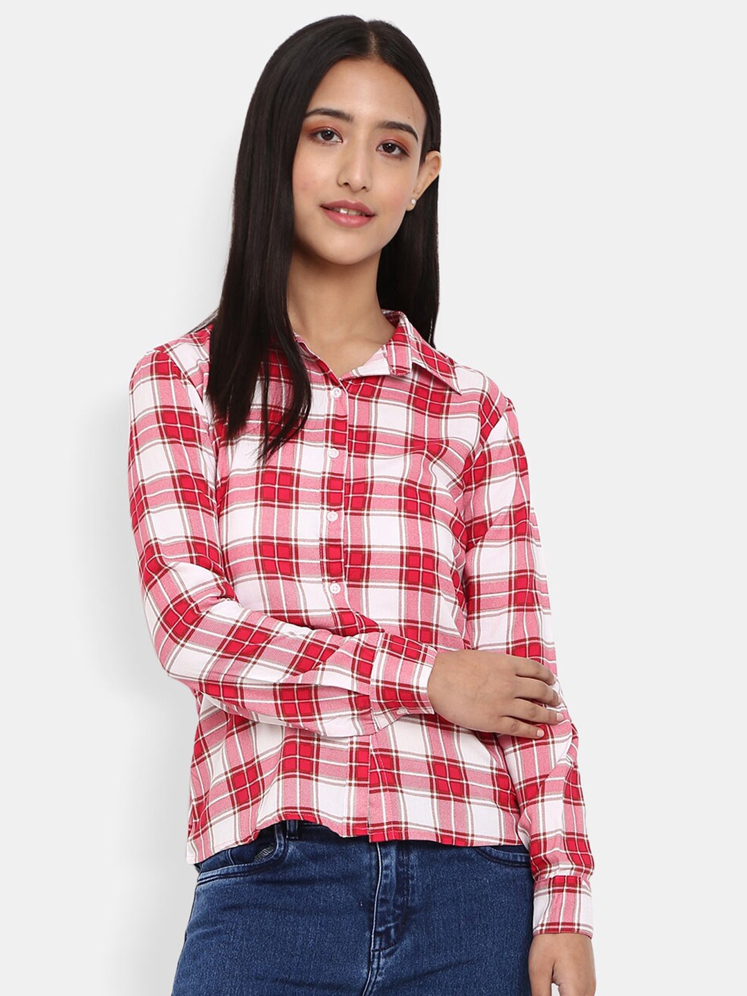 

V-Mart Women Pink Tartan Checks Rayon Spread Collar Shirt