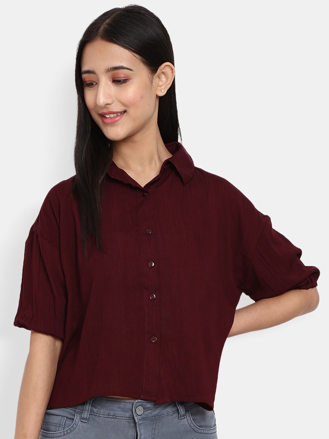

V-Mart Women Maroon Western Solid Rayon Gauze Spread Casual Shirt