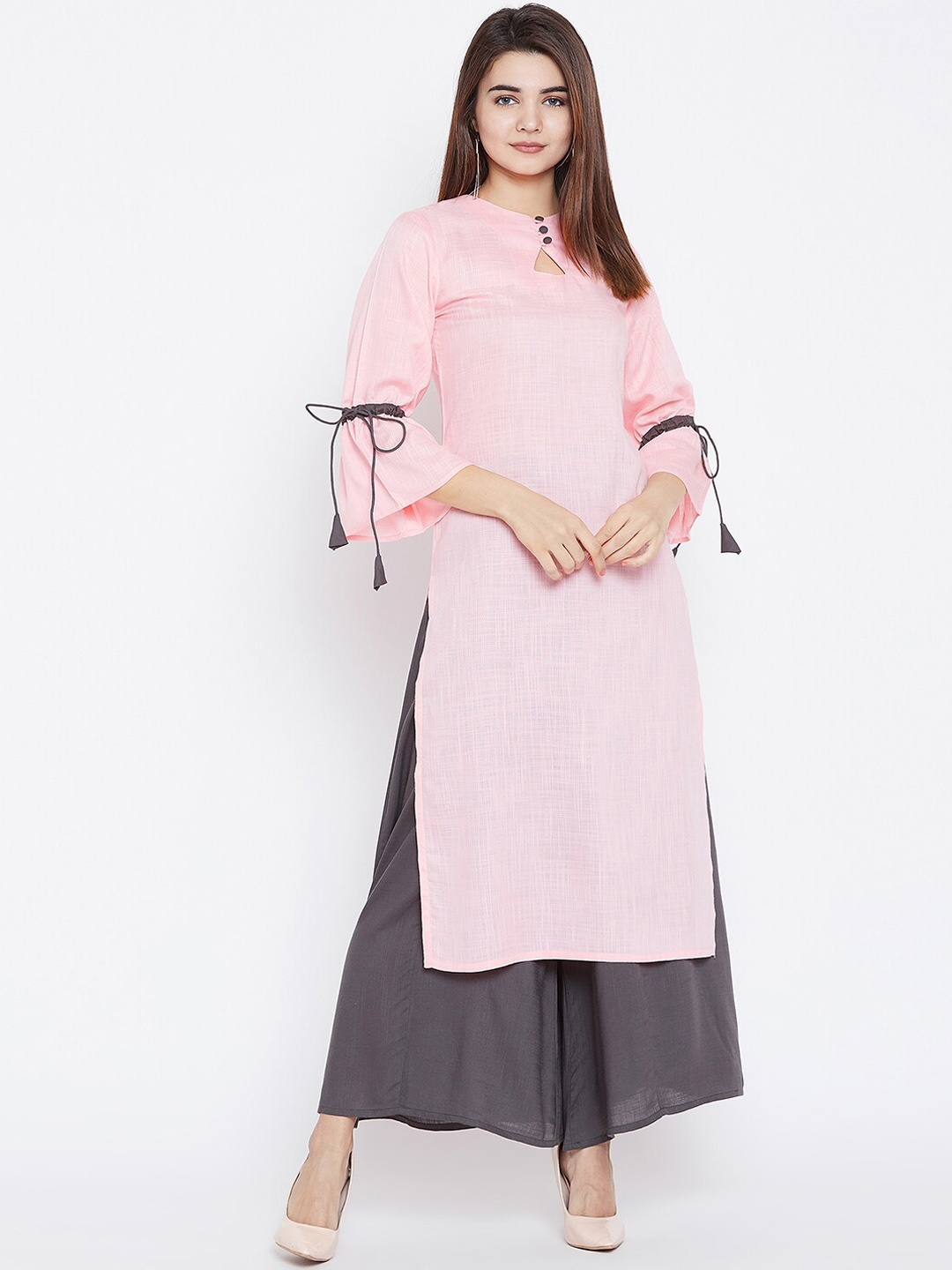 

PANIT Women Pink Keyhole Neck Flared Sleeves Kurta