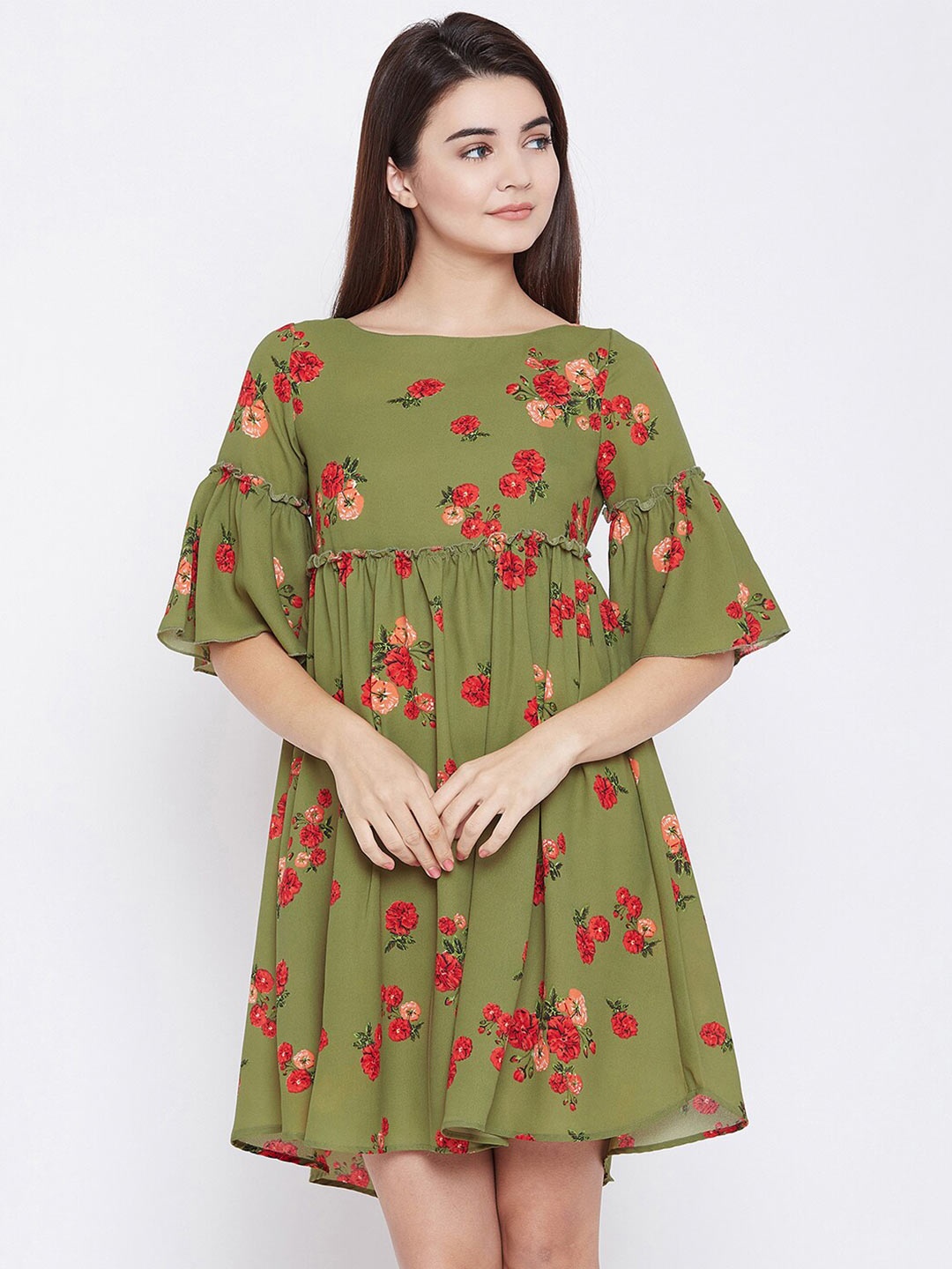 

PANIT Olive Green Floral Crepe Empire Dress