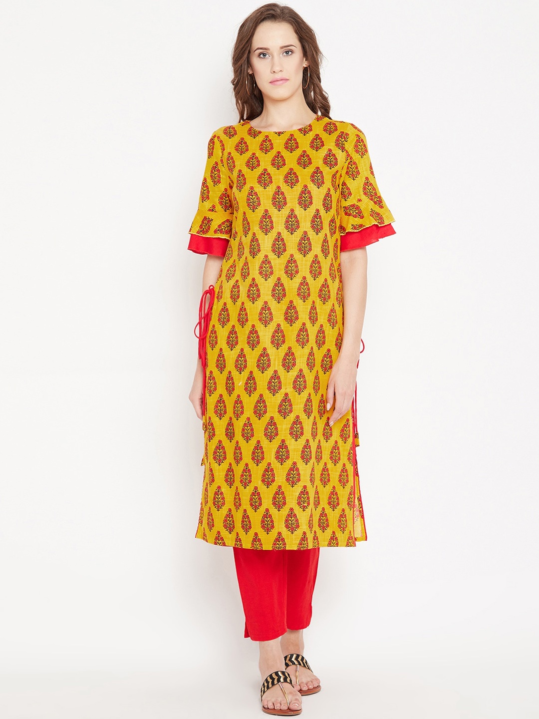 

PANIT Women Yellow Printed Keyhole Neck Flared Sleeves Mirror Work Kurta