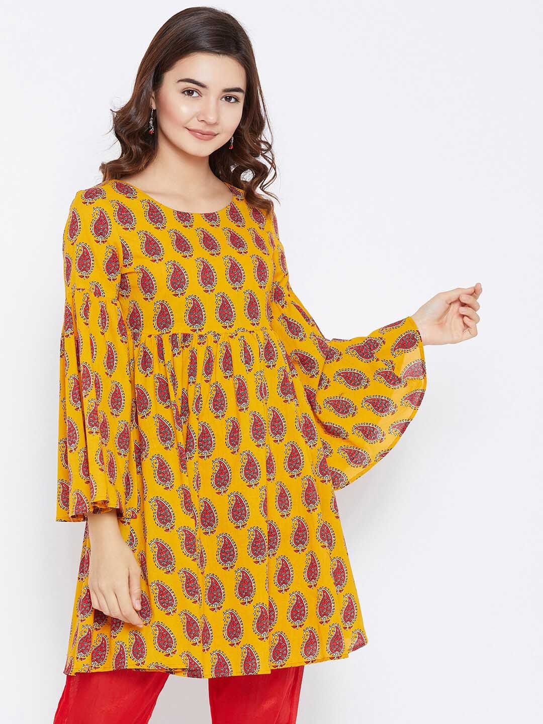 

PANIT Yellow & Pink Paisley Printed Pure Cotton Kurti