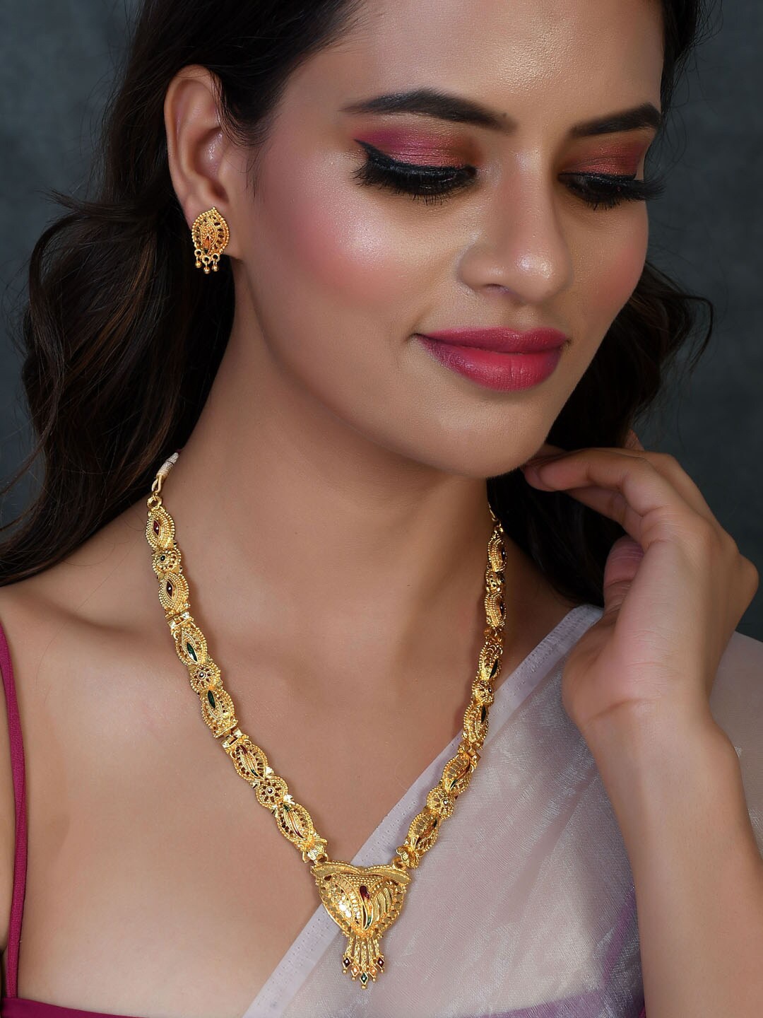 

Silvermerc Designs Green Gold-Plated Long Temple Jewellery Set