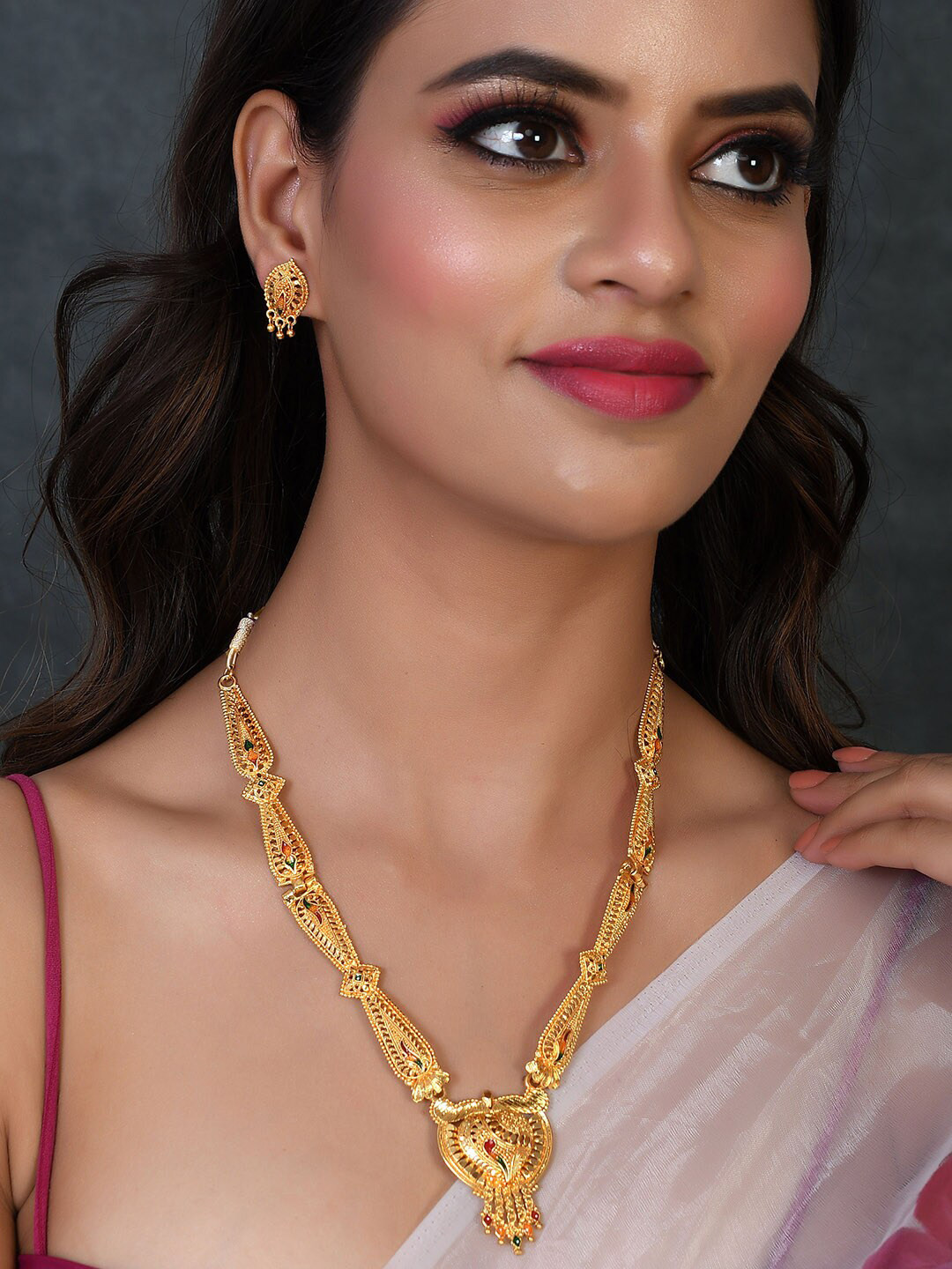 

Silvermerc Designs Red & Orange Gold-Plated Meenakari Jewellery Set