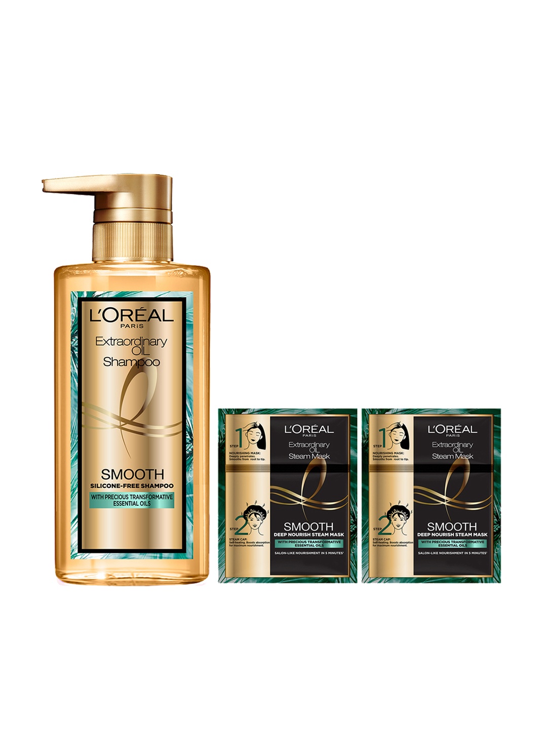 

LOreal Set of Extraordinary Oil Smooth Shampoo 440 ml & 2 Hair Mask, Gold