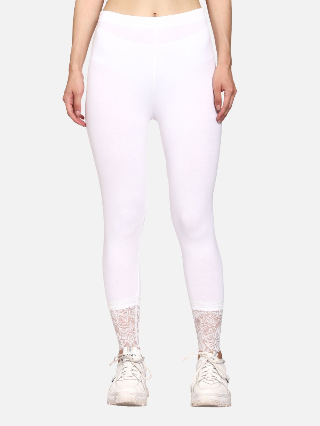 

Outflits Women White Solid Ankle-Length Leggings With Lace