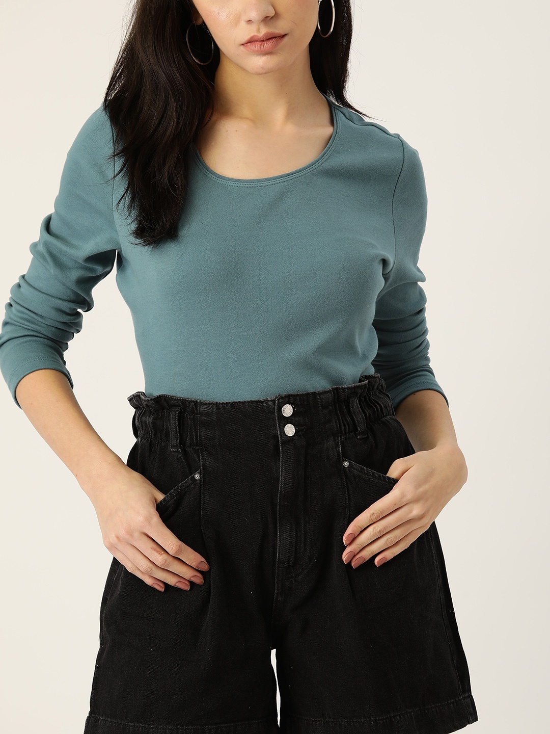 

Macy's Karen Scott Women Teal Blue Solid Pure Cotton T-shirt