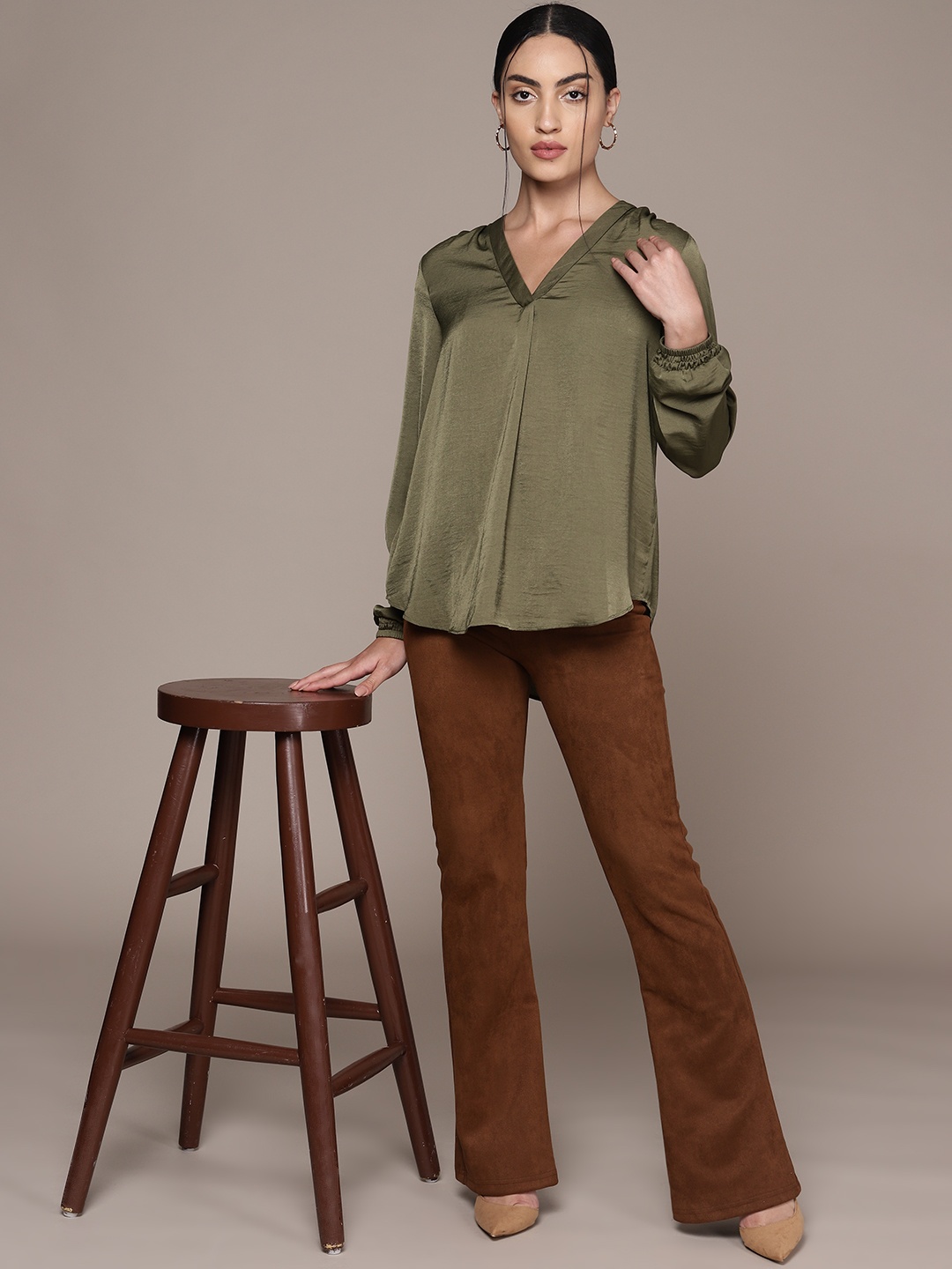

Macy's Alfani Olive Green V-Neck Woven Top