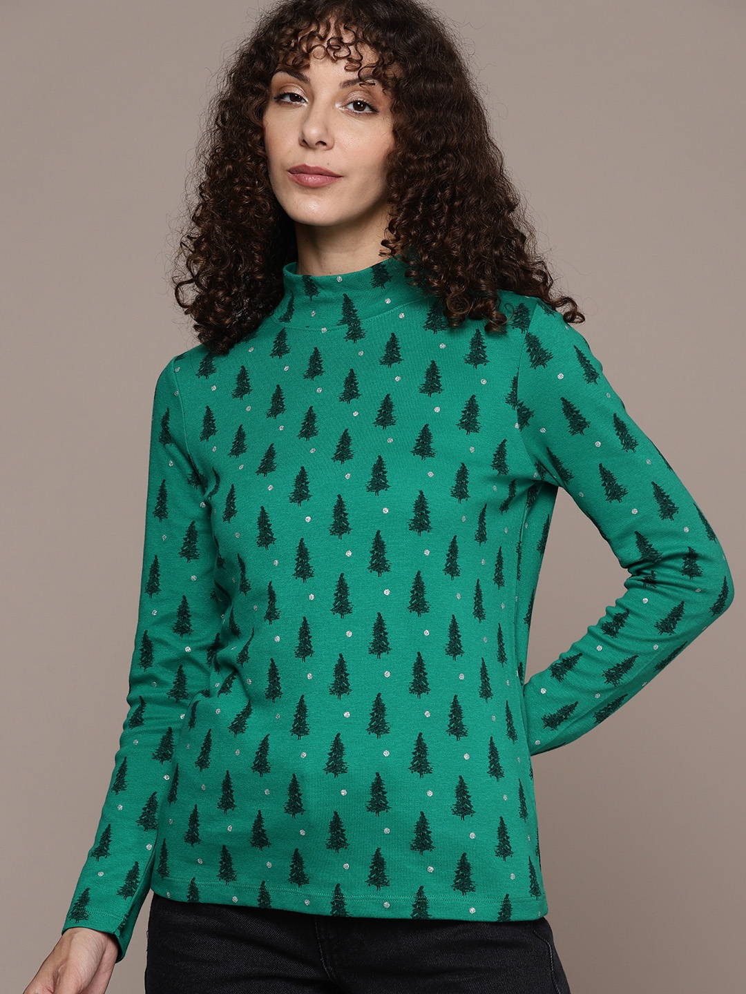 

Macy's Karen Scott Women Green & Black Printed High Neck T-shirt