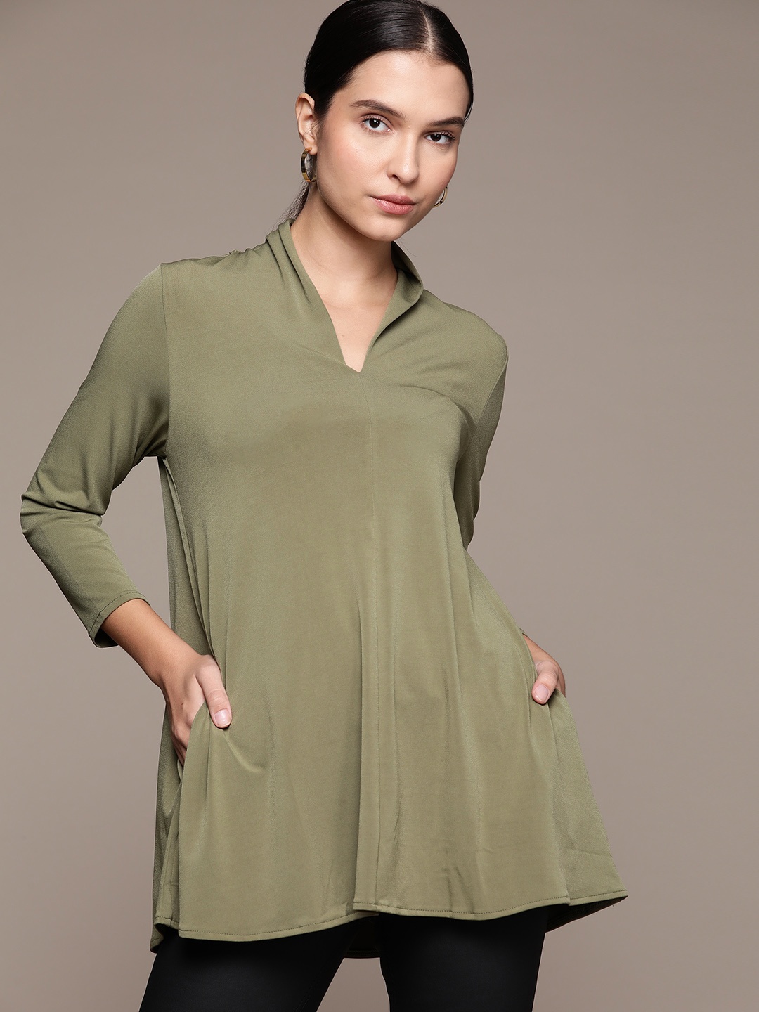 

Macy's Alfani Olive Green Solid Longline Top