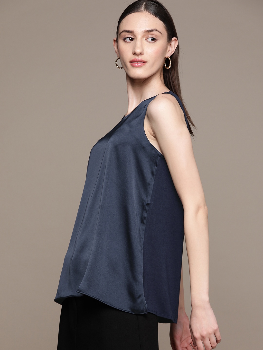 

Macy's Alfani Navy Blue Solid Satin Top
