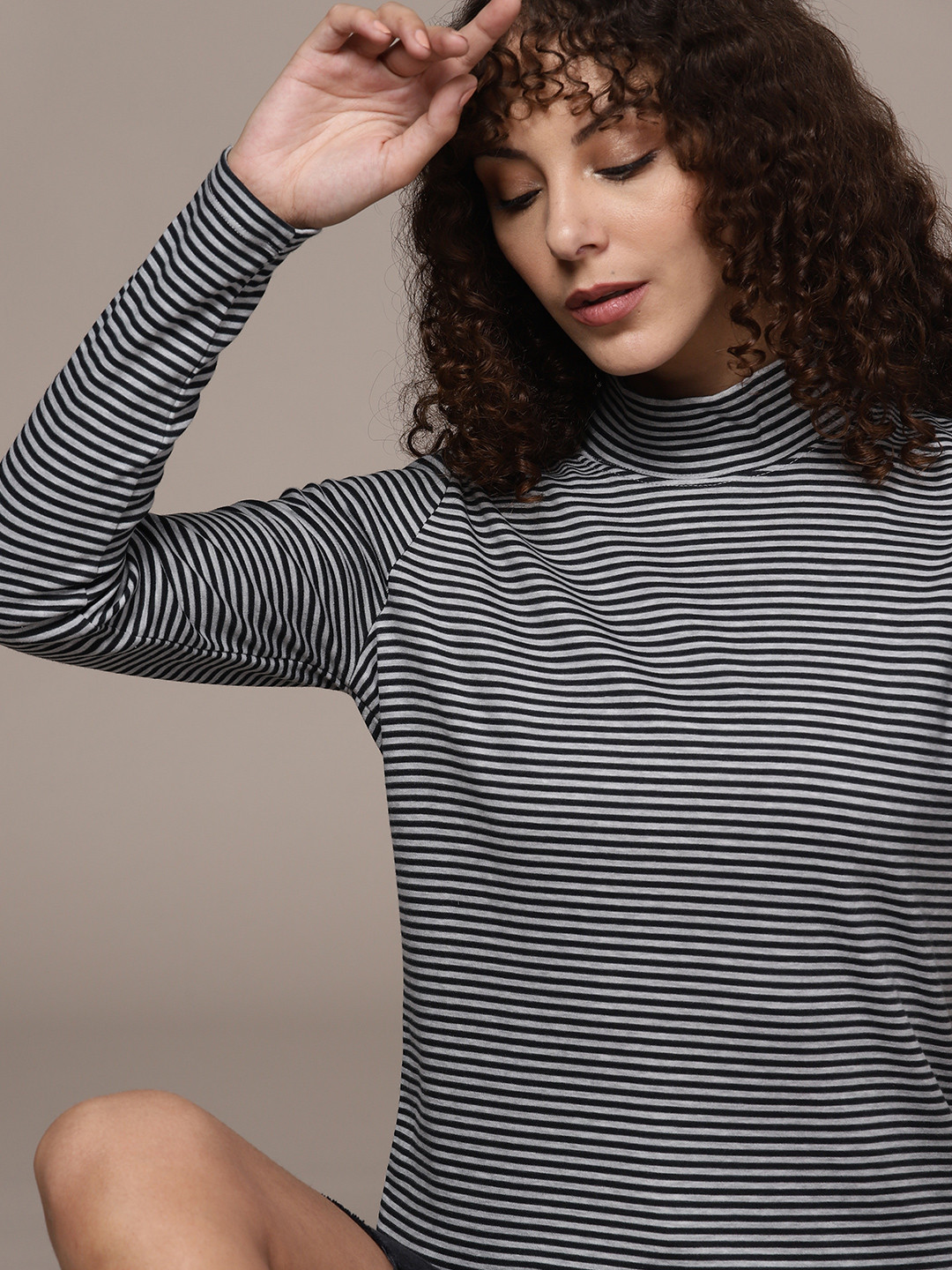 

Macy's Karen Scott Women Grey & Black Striped High Neck T-shirt