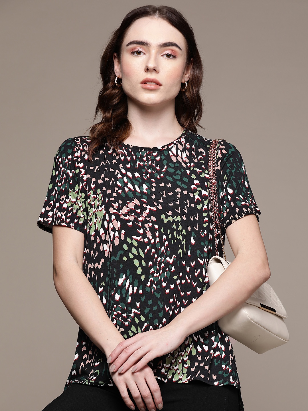 

Macy's Alfani Women Black & White Printed T-shirt