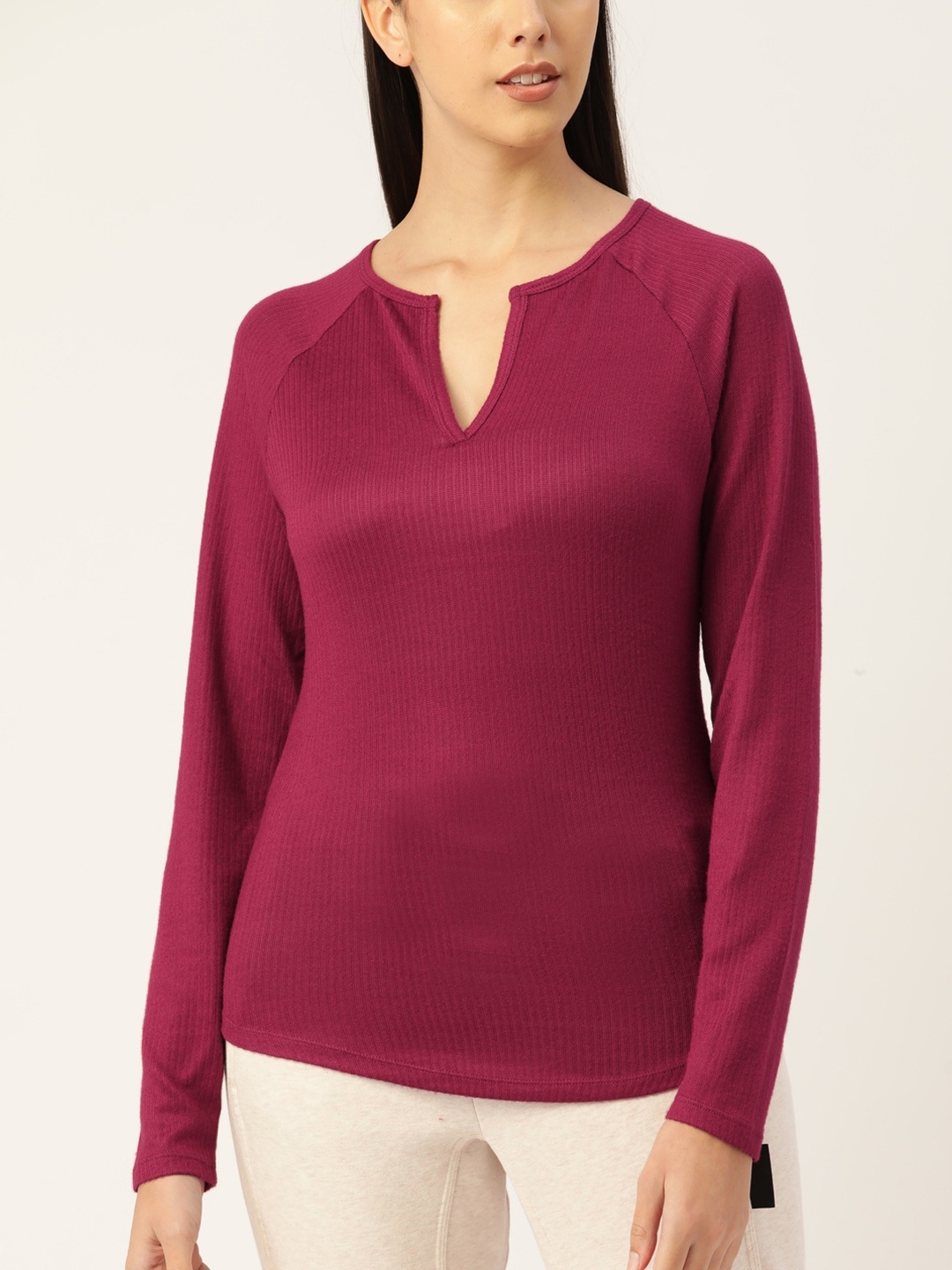 

Macy's Jenni Women Maroon Notched Round Neck T-shirt