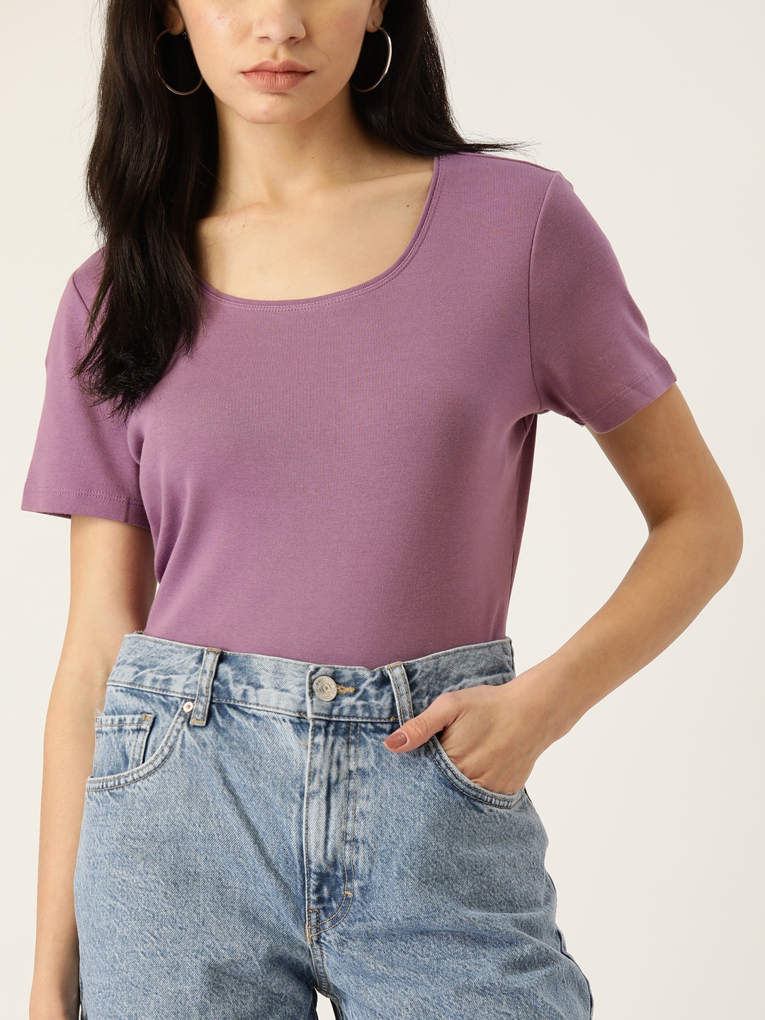 

Macy's Karen Scott Women Purple Solid Pure Cotton T-shirt