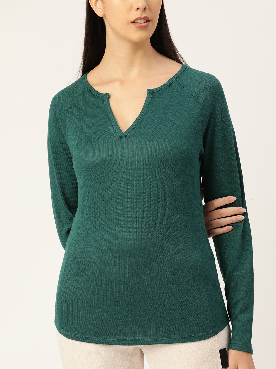 

Macy's Jenni Women Green Notched Round Neck T-shirt