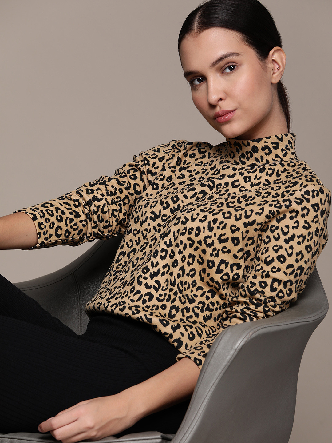 

Macy's Karen Scott Women Khaki & Black Animal Print High Neck T-shirt
