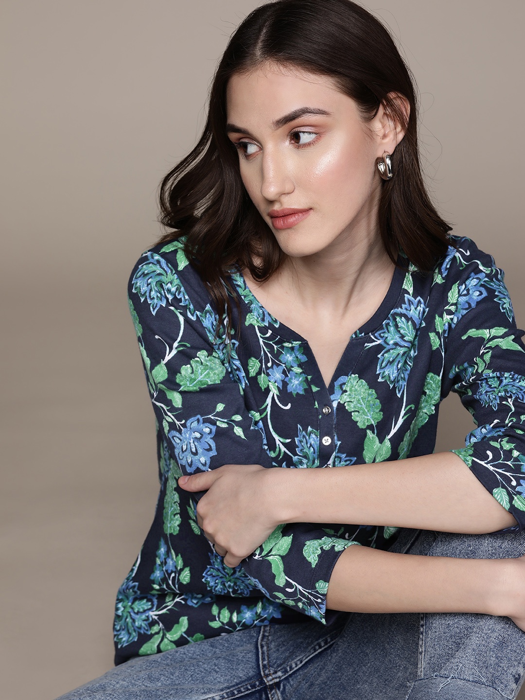 

Macy's Karen Scott Women Navy Blue & Green Floral Printed T-shirt